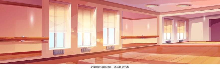 Empty ballet studio interior with wooden floor, mirrors, handrail and sunny windows. Dance classroom in sun light for training sessions. Elegant hall with training elements for ballerina rehearsal.