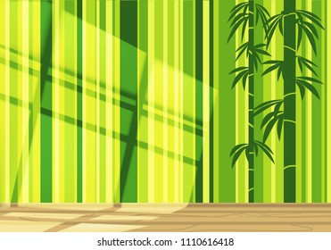 empty bamboo room in green light with sunlight on the wall and the reflection of the window