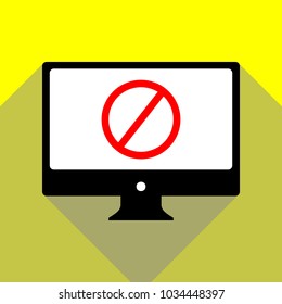 Empty Ban Sign. Vector. Red icon on white monitor of black all-in-one desktop computer with two shadows at yellow background.