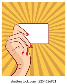 An empty bank card or an empty card for other purposes in a hand against the backdrop of a stylized sun rays. Vector illustration