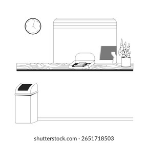 Contador bancário vazio com ilustração de contorno de bandeja de dinheiro. Estação de caixa. Configuração interior do caixa. Cena de linha 2D profissional do serviço bancário isolado no branco. Imagem linear de tinta vetorial monocromática