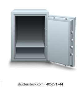 Empty bank safe for money keeping with open metallic door vector illustration. Isolated on white background. Business icon concept. Metal box. 