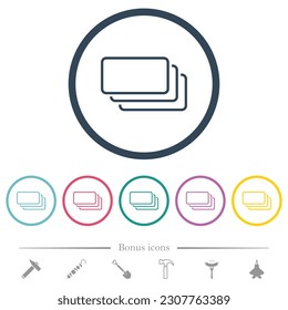 Empty banknotes outline flat color icons in round outlines. 6 bonus icons included.