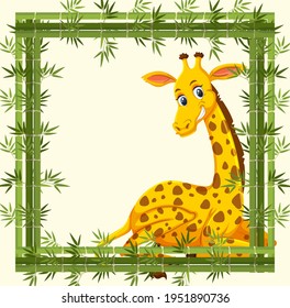 Empty banner with bamboo frame and giraffe cartoon character illustration