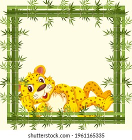 Empty banner with bamboo frame and leopard cartoon character illustration