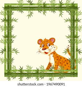 Empty banner with bamboo frame and leopard cartoon character illustration