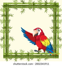 Empty banner with bamboo frame and parrot bird cartoon character illustration