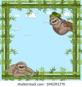 Empty banner with bamboo frame and sloth cartoon character illustration