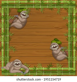 Empty banner with bamboo frame and sloth cartoon character illustration