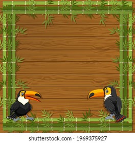Empty banner with bamboo frame and toucan cartoon character illustration