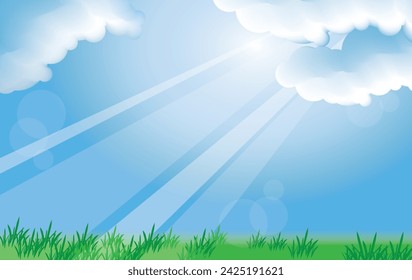 Banner vacío con cielo azul y hierba verde. Ilustración vectorial.