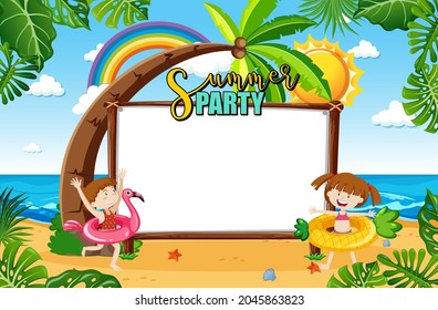 Cartel vacío en la escena de la playa con ilustración de caricaturas