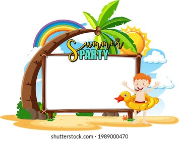 Empty banner board with a boy on the beach isolated illustration