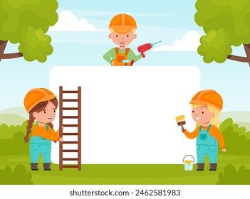 Empty Banner with Boy and Girl Builder Character in Helmet and Uniform Vector Illustration