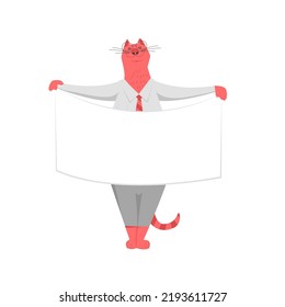 empty banner. the cat is holding an empty blank. place for text. vector image