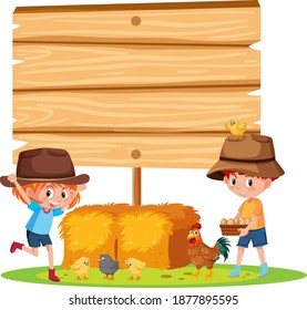 Empty banner with children and animal farm on white background illustration