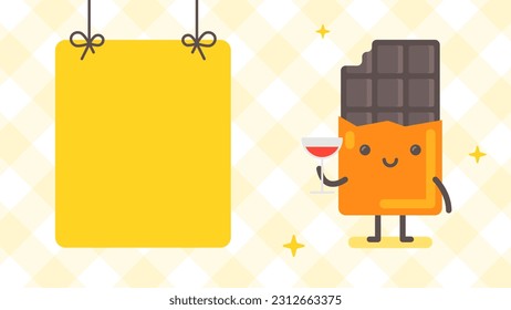 Empty banner and chocolate character holding glass wine. Funny character. Vector Illustration