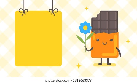 Empty banner and chocolate character holding flower. Funny character. Vector Illustration