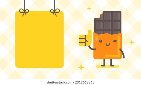 Cartel vacío y personaje de chocolate mostrando los pulgares hacia arriba. Carácter gracioso. Ilustración vectorial