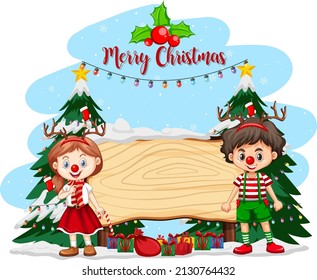 Empty banner in Christmas theme with children in Christmas costumes illustration