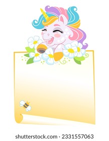 Empty banner with cute funny unicorn vector illustration. Magic horse with paper sheet template isolated on white background. For print, design, T-shirt, banner, invitation,poster. Vector illustration