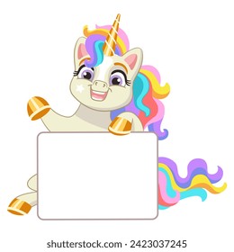 Empty banner with cute happy unicorn vector illustration. Magic horse with paper sheet template isolated on white background. For print, design, T-shirt, banner, invitation,poster. Vector illustration