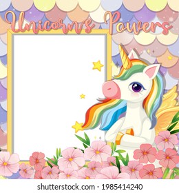 Empty banner with cute pegasus cartoon character on pastel mermaid scales illustration