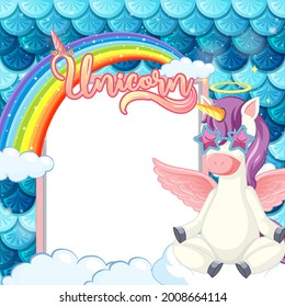 Empty banner with cute pegasus cartoon character on pastel mermaid scales illustration