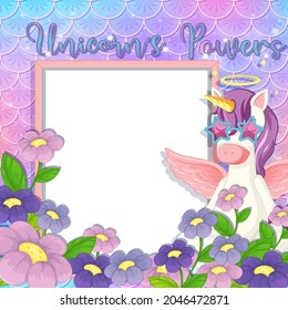Empty banner with cute pegasus cartoon character on pastel mermaid scales illustration