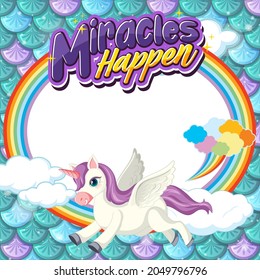 Empty banner with cute pegasus cartoon character on pastel mermaid scales illustration