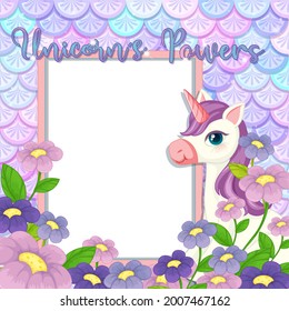 Empty banner with cute unicorn cartoon character on pastel mermaid scales illustration