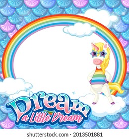 Empty banner with cute unicorn cartoon character on pastel mermaid scales illustration