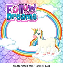 Empty banner with cute unicorn cartoon character on pastel mermaid scales illustration