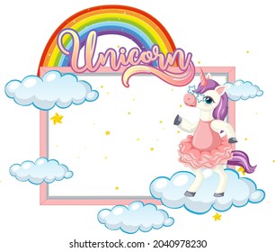 Empty banner with cute unicorn cartoon character on white background illustration
