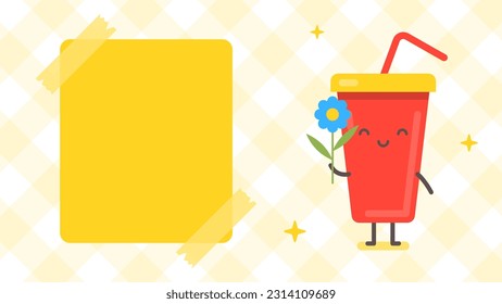 Cartel vacío y personaje de bebida sosteniendo la flor. Carácter gracioso. Ilustración vectorial