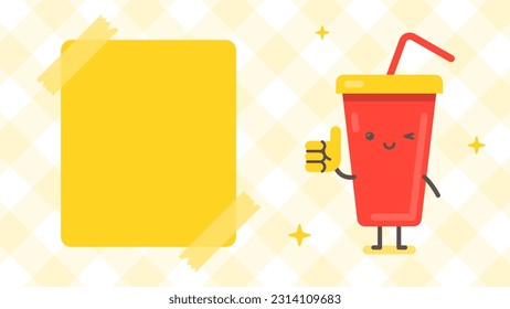 Empty banner and drink character showing thumbs up. Funny character. Vector Illustration