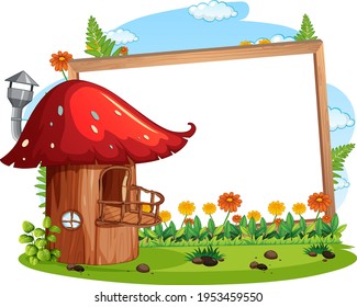 Empty banner with fantasy mushroom house illustration