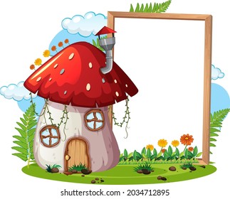 Empty banner with fantasy mushroom house illustration