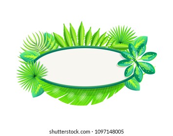 Empty banner frame of tropical palm leaves. Poster with blank space for header and exotic branch. Floral pattern on leaflet vector illustration.