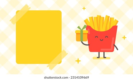 Empty banner and french fries character holding gift box. Funny character. Vector Illustration