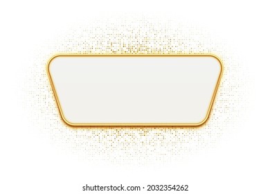 Empty banner with golden frame over abstract halftone pattern background. Gold signage with rounded edges. Mockup for poster, presentation, card or publication.