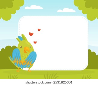 Empty Banner with Green Parrot Funny Bird Vector Template