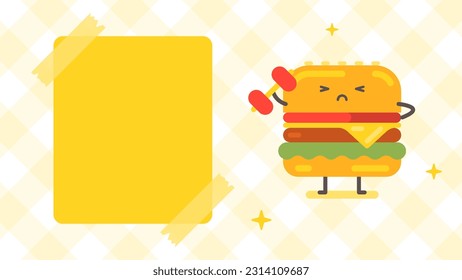 Empty banner and hamburger character holding dumbbell. Funny character. Vector Illustration