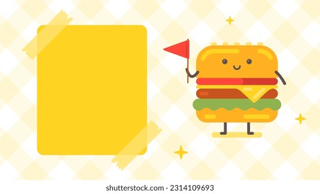 Cartel vacío y personaje de hamburguesa con bandera roja. Carácter gracioso. Ilustración vectorial