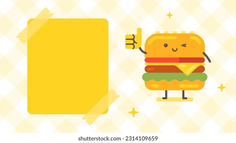 Cartel vacío y caracter de hamburguesa mostrando los pulgares hacia arriba. Carácter gracioso. Ilustración vectorial