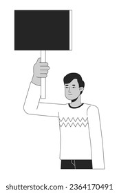 Empty banner in indian man hand flat line black white vector character. Protesting. Editable outline half body person. Simple cartoon isolated spot illustration for web graphic design