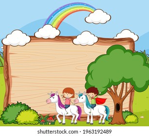 Cartel vacío con niños jugando con unicornios en la ilustración del bosque
