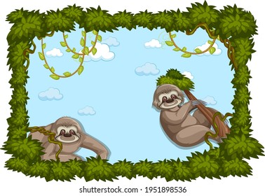 Empty banner with leaves frame and sloth cartoon character illustration