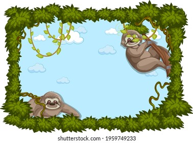 Empty banner with leaves frame and sloth cartoon character illustration