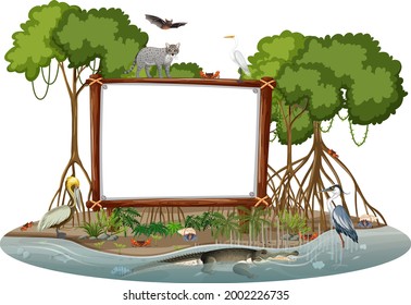 Empty banner in mangrove forest scene with wild animals isolated illustration